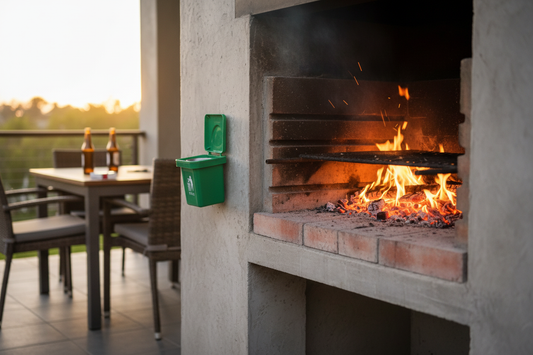 Ash Vat mounted on patio wall next to braai